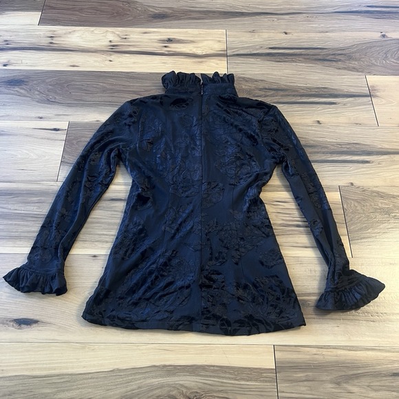 Vintage Black Burnout Velvet High-Neck Ruffle Top Long Sleeve Floral Blouse Sz S - Picture 9 of 11